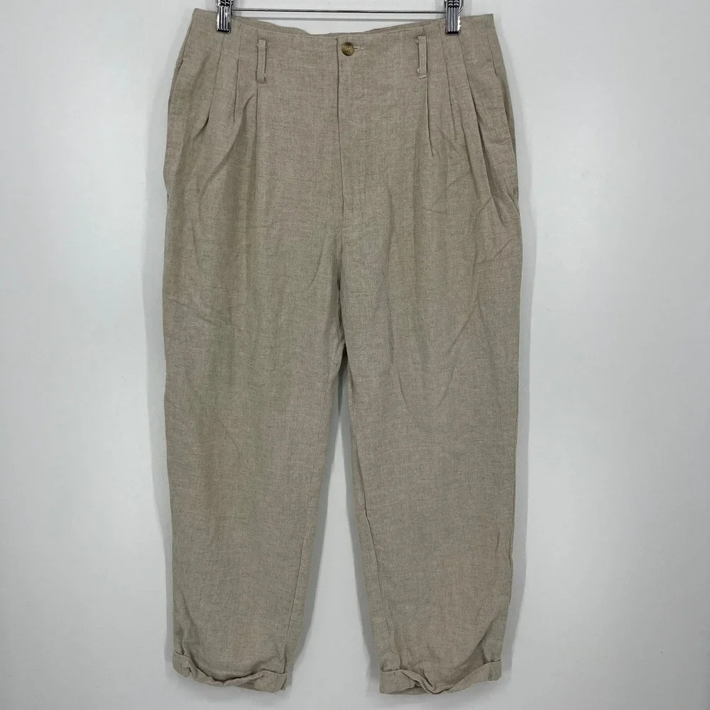 Azia Collection Mens Pleated Linen Blend Trousers Tan Beige Size 32 Vtg 90s